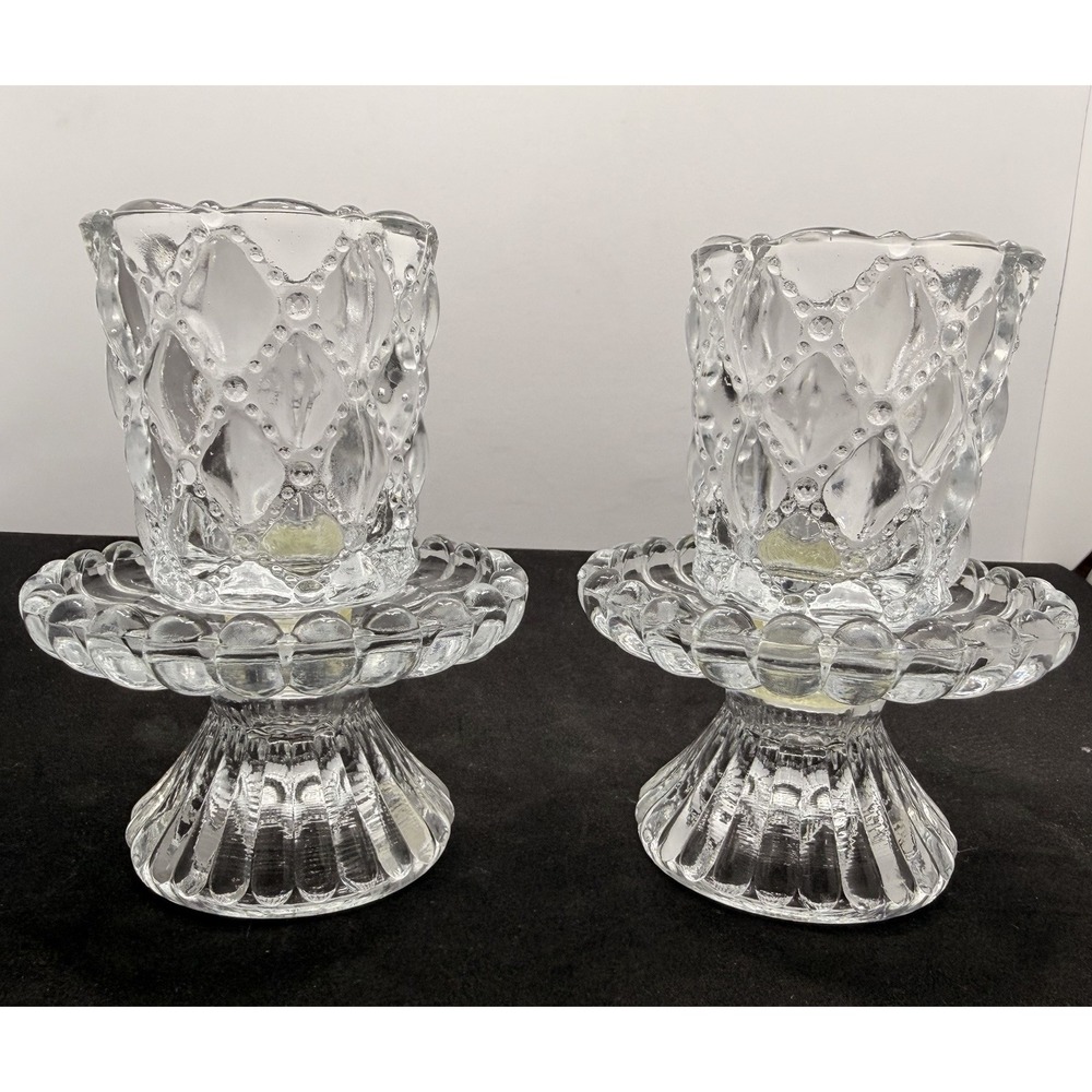 PartyLite Quilted Crystal Pair Votive Candle Holders Retired P9246 Taper Candle - Picture 1 of 10